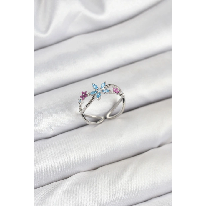 Erb Pirinç Gümüş Renk Zirkon Taşlı Mavi Çiçekli Kadın Yüzük