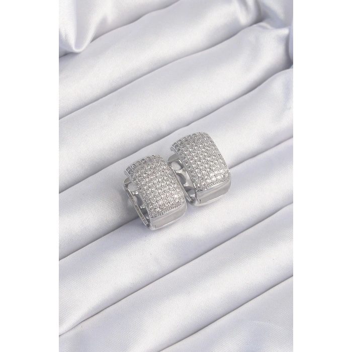 Erb Pirinç Gümüş Renk Zirkon Taşlı Minimal Halka Küpe