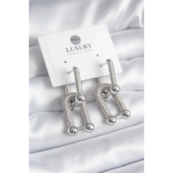 Erb Pirinç Gümüş Renk Zirkon Taşlı Model VIP Seri Kadın Küpe