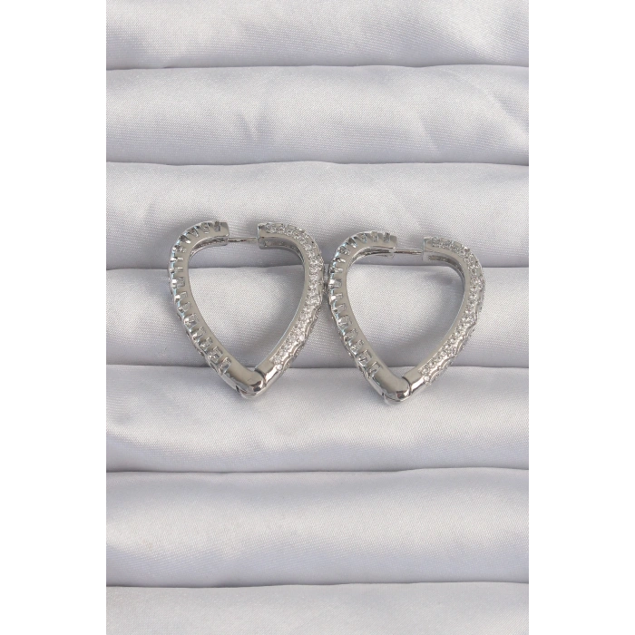 Erb Pirinç Gümüş Renk Zirkon Taşlı Motifli Kalp Küpe
