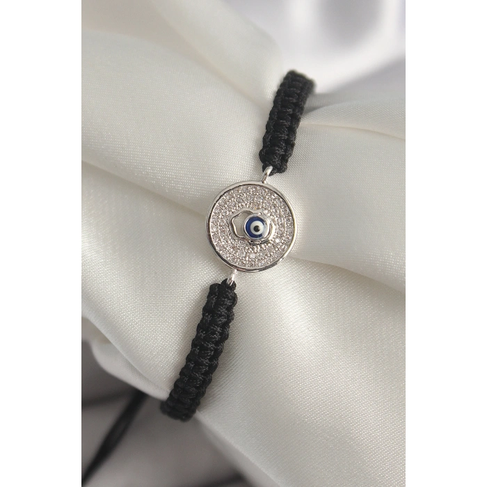 Erb Pirinç Gümüş Renk Zirkon Taşlı Nazar Boncuk İşleme Makrome Asansörlü Model Kadın Bileklik