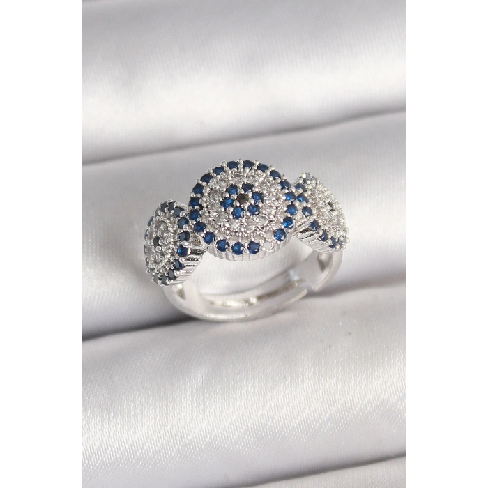 Erb Pirinç Gümüş Renk Zirkon Taşlı Nazar Boncuk Model Ayarlanabilir Kadın Yüzük