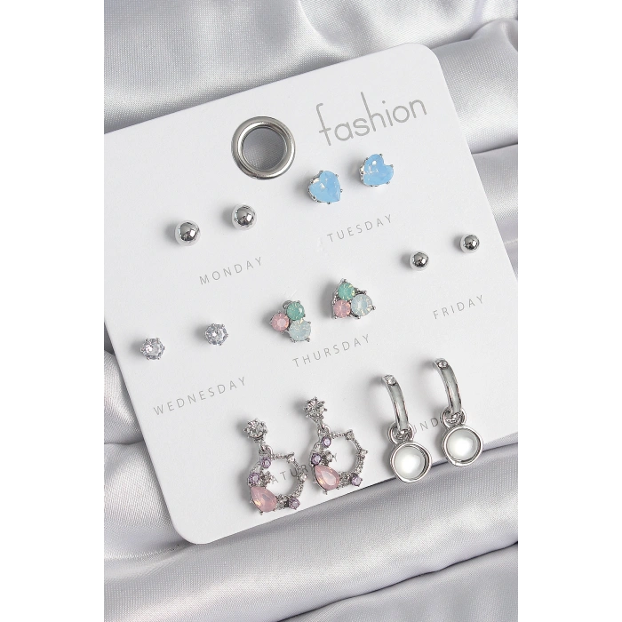 Erb Pirinç Gümüş Renk Zirkon Taşlı Sallantı Halka Model Çiçek Detay 7 Çift Kadın Küpe Seti