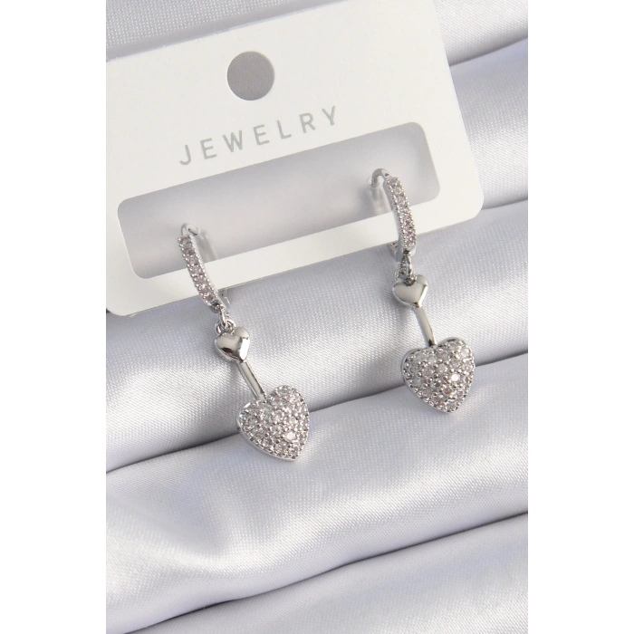 Erb Pirinç Gümüş Renk Zirkon Taşlı Sallantı Kalp Model Kadın Küpe
