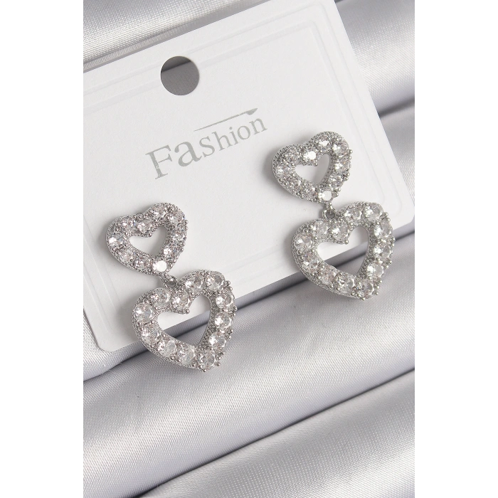 Erb Pirinç Gümüş Renk Zirkon Taşlı Sallantı Kalp Model Kadın Küpe