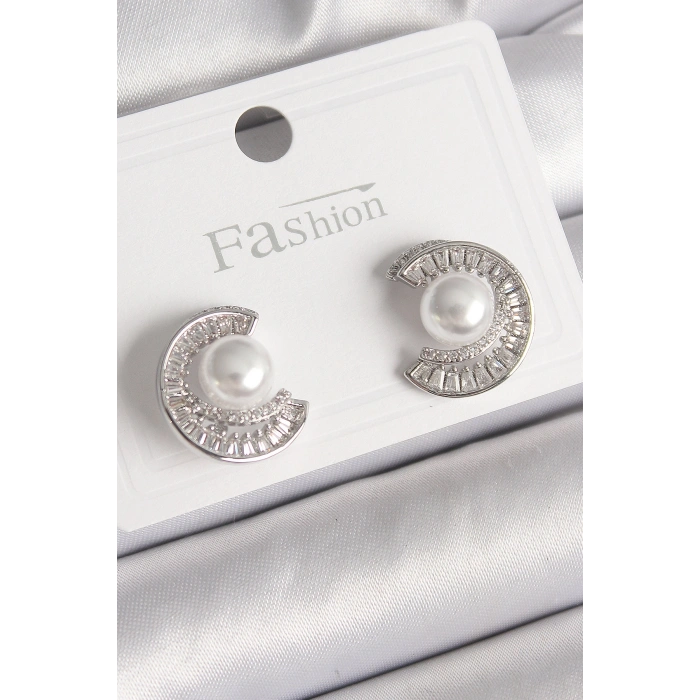 Erb Pirinç Gümüş Renk Zirkon Taşlı Salyangoz Model İnci Detay Kadın Küpe