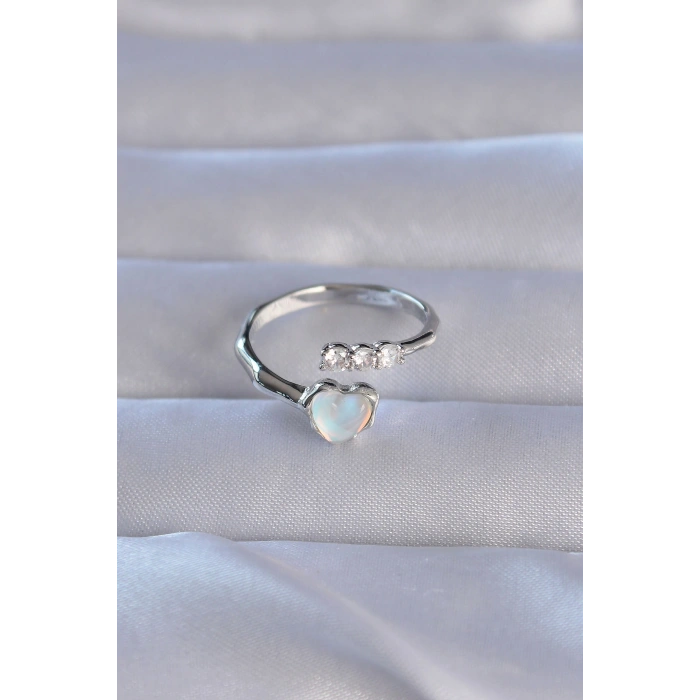 Erb Pirinç Gümüş Renk Zirkon Taşlı Sedefli Kalp Model Ayarlanabilir Yüzük