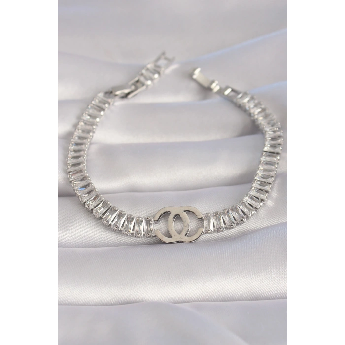 Erb Pirinç Gümüş Renk Zirkon Taşlı Su Yolu Model VIP Seri Kadın Bileklik