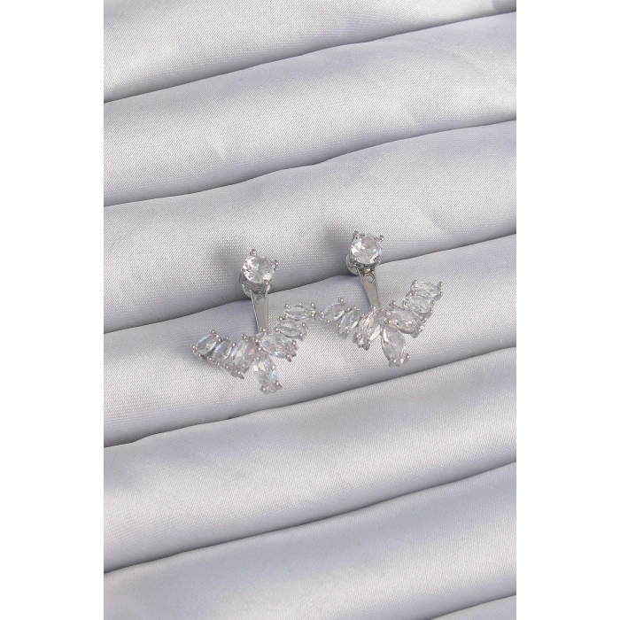 Erb Pirinç Gümüş Renk Zirkon Taşlı V Model Küpe