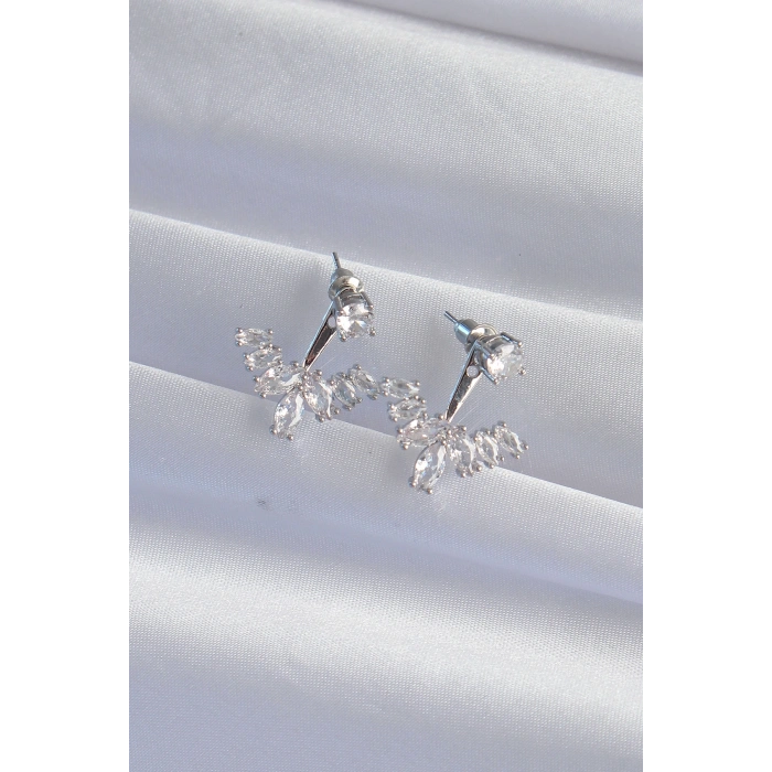 Erb Pirinç Gümüş Renk Zirkon Taşlı V Model Küpe