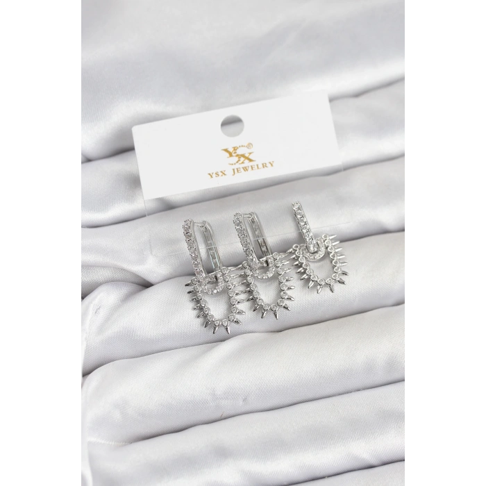 Erb Pirinç Gümüş Renk Zirkon Taşlı Vintage Model YSX Trio Küpe Seti