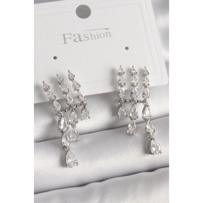 Erb Pirinç Gümüş Renk Zirkon Taşlı Yağmur Model Kadın Küpe