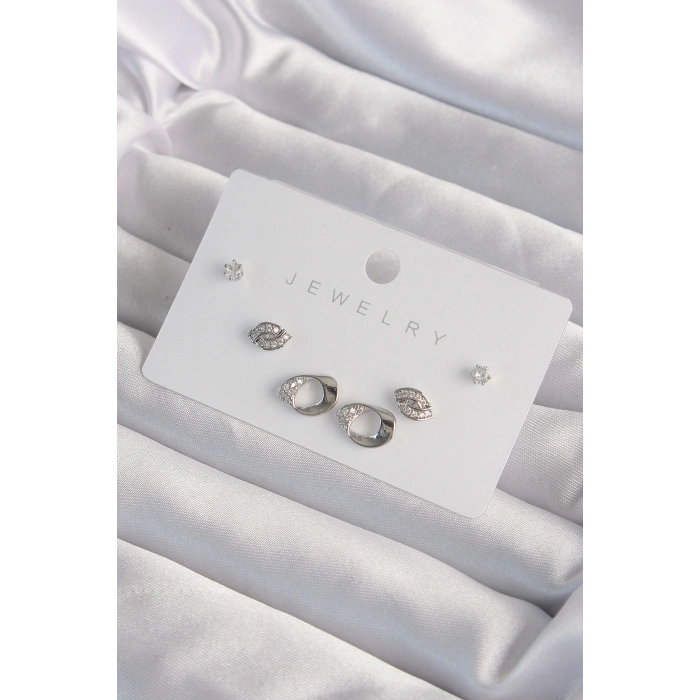 Erb Pirinç Gümüş Renk Zirkon Taşlı Yaprak Model Küpe Seti