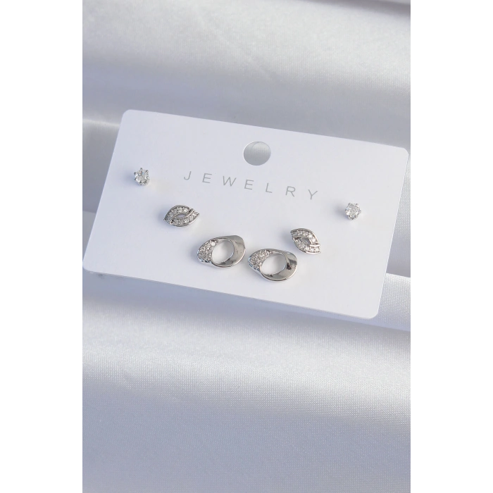 Erb Pirinç Gümüş Renk Zirkon Taşlı Yaprak Model Küpe Seti