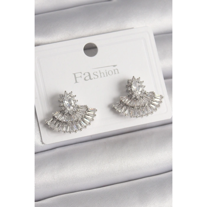 Erb Pirinç Gümüş Renk Zirkon Taşlı Yelpaze Model Kadın Küpe