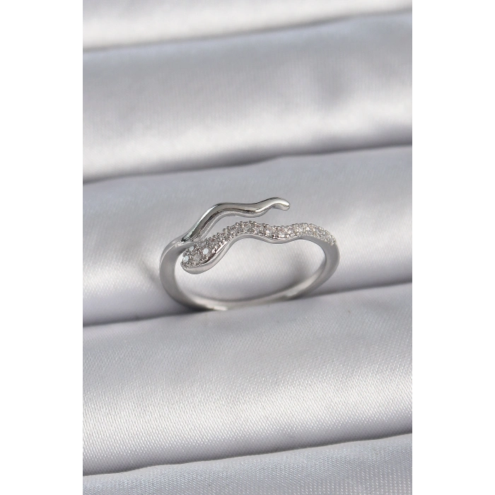Erb Pirinç Gümüş Renk Zirkon Taşlı Yılan Ayarlanabilir Model Kadın Yüzük