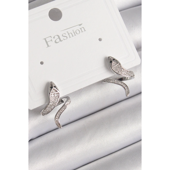 Erb Pirinç Gümüş Renk Zirkon Taşlı Yılan Model Kadın Küpe