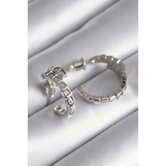 Erb Pirinç Gümüş Renk Zirkon Taşlı Yılan Model Kadın Küpe