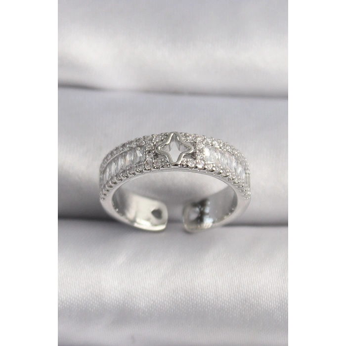 Erb Pirinç Gümüş Renk Zirkon Taşlı Yıldız İşleme VIP Seri Kadın Yüzük