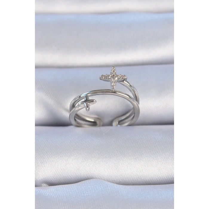 Erb Pirinç Gümüş Renk Zirkon Taşlı Yıldız Model Kadın Yüzük