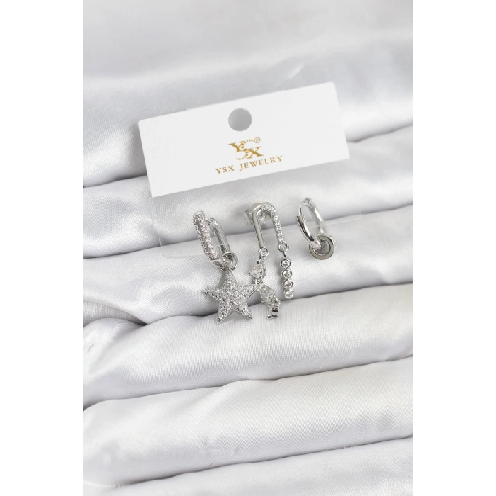 Erb Pirinç Gümüş Renk Zirkon Taşlı Yıldız Vintage Model YSX Trio Küpe Seti