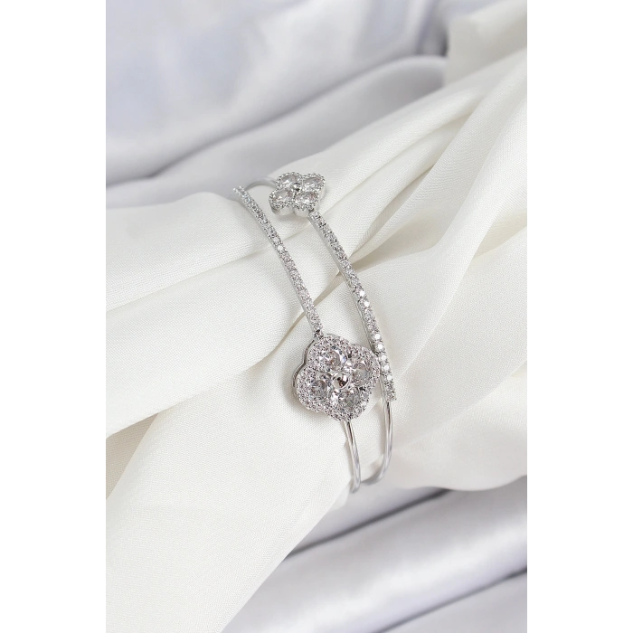 Erb Pirinç Gümüş Renk Zirkon Taşlı Yonca Model 2'li Kadın Bileklik