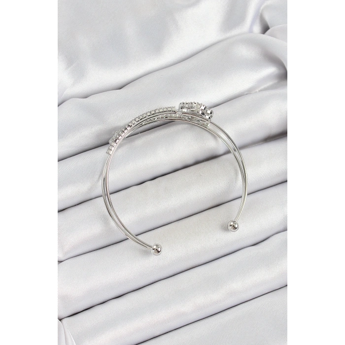 Erb Pirinç Gümüş Renk Zirkon Taşlı Yonca Model 2'li Kadın Bileklik