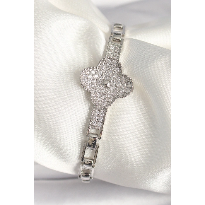 Erb Pirinç Gümüş Renk Zirkon Taşlı Yonca Model Kadın Bileklik