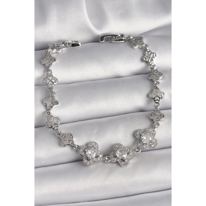 Erb Pirinç Gümüş Renk Zirkon Taşlı Yonca Model Kadın Bileklik