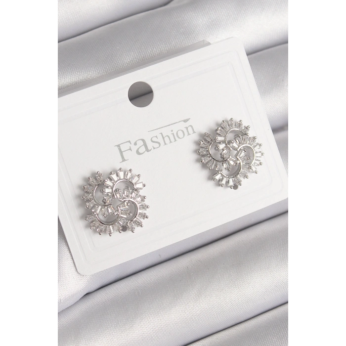 Erb Pirinç Gümüş Renk Zirkon Taşlı Yonca Model Kadın Küpe