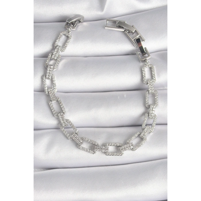 Erb Pirinç Gümüş Renk Zirkon Taşlı Zincir Model VIP Seri Kadın Bileklik