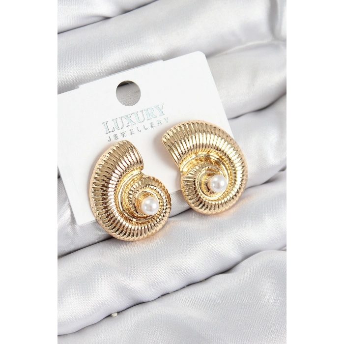 Erb Pirinç İnci Detaylı Girdap Model Gold Renk Kadın Küpe