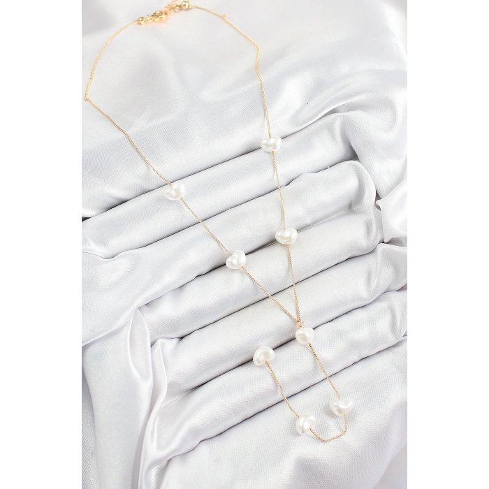 Erb Pirinç İncili Kalp Figürlü Y Model Gold Renk Kadın Kolye