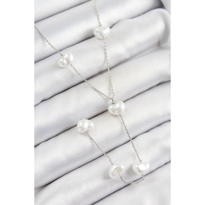 Erb Pirinç İncili Kalp Figürlü Y Model Gümüş Renk Kadın Kolye