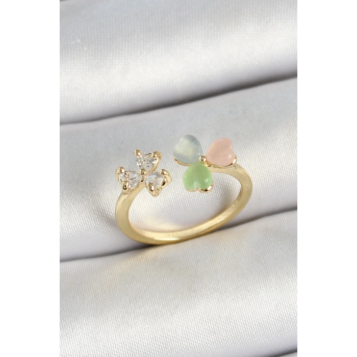 Erb Pirinç Kalp Figürlü Zirkon Taşlı Gold Renk Ayarlanabilir Kadın Yüzük