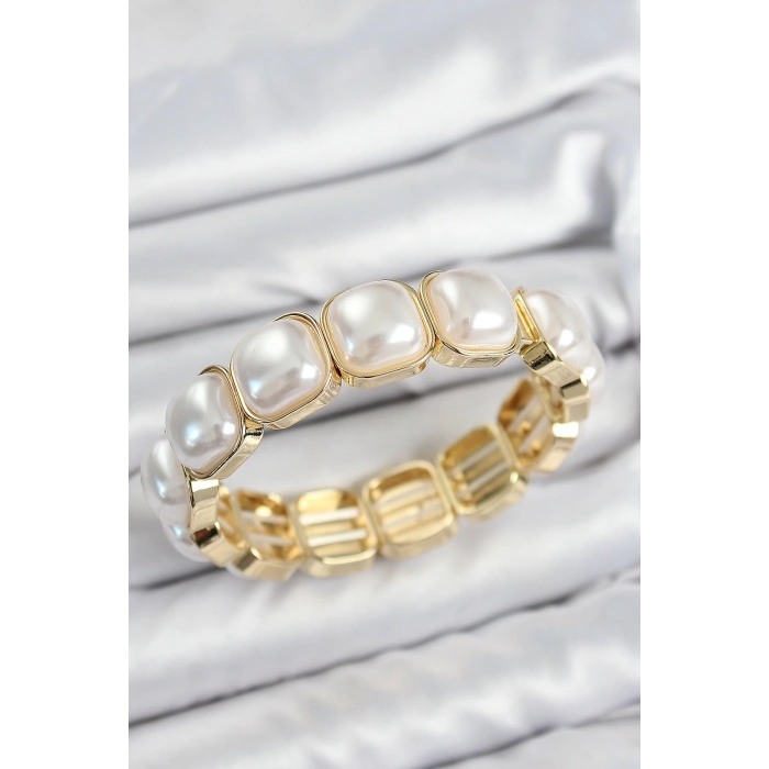 Erb Pirinç Kare İnci Model Gold Renk Lastikli Kadın Bileklik