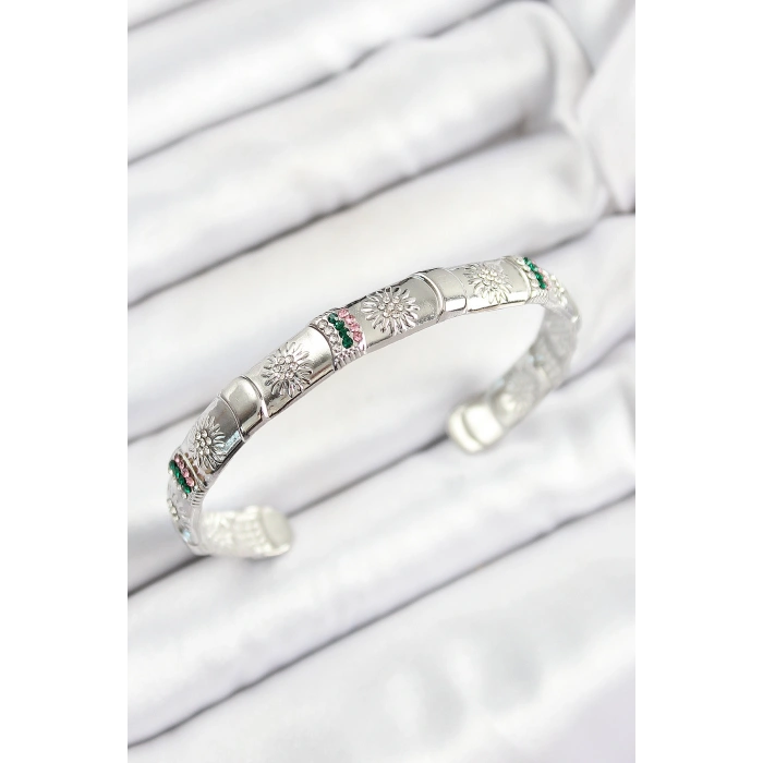 Erb Pirinç Karışık Zirkon Taşlı Çiçek Model Gümüş Renk Altı Açık Kadın Bileklik