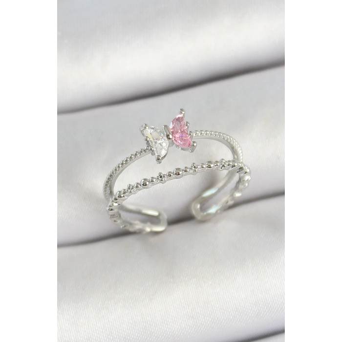Erb Pirinç Kelebek Figürlü Zirkon Taşlı Gümüş Renk Ayarlanabilir Kadın Yüzük