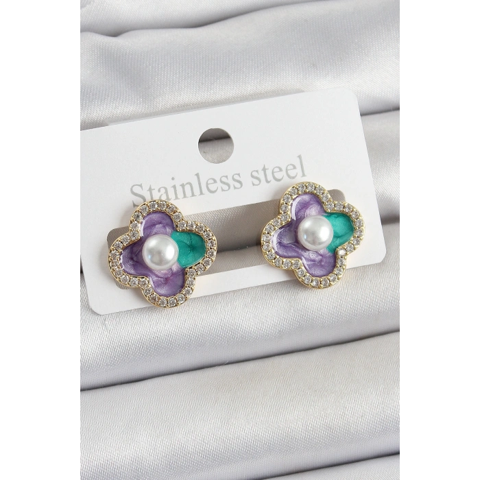 Erb Pirinç Mor Mineli İnci Detaylı Zirkon Taşlı Sanatsal Portre Yonca Model Gold Renk Kadın Küpe