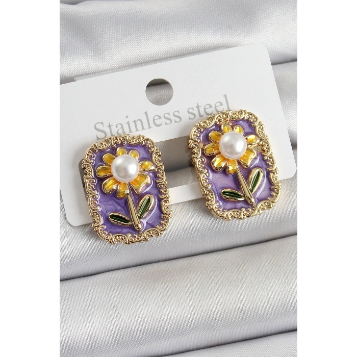 Erb Pirinç Mor Mineli Papatya Figürlü Sanatsal Portre Model Gold Renk Kadın Küpe