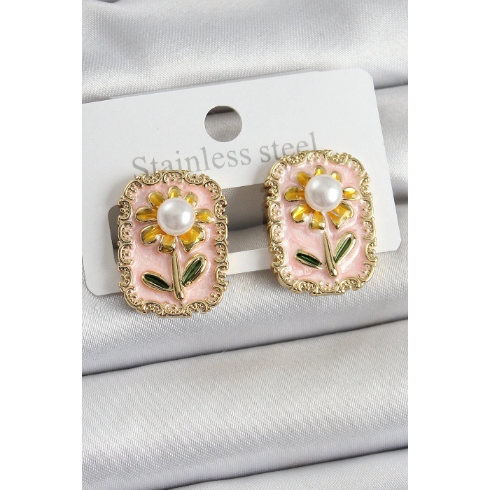 Erb Pirinç Pembe Mineli Papatya Figürlü Sanatsal Portre Model Gold Renk Kadın Küpe