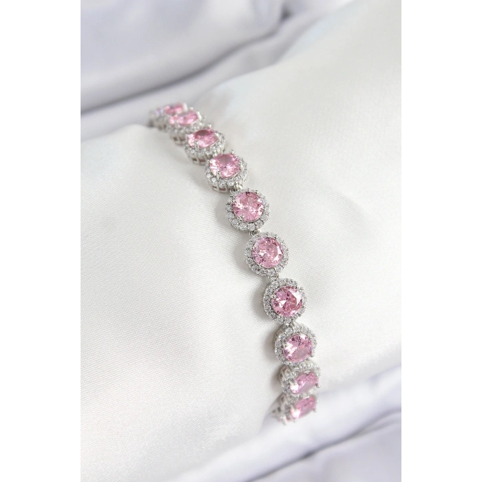 Erb Pirinç Pembe Zirkon Taşlı Daire Baget Model Gümüş Renk VIP Seri Kadın Bileklik