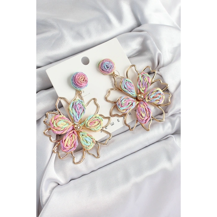 Erb Pirinç Rainbow Çiçek Model Gold Renk Kadın Hasır Küpe