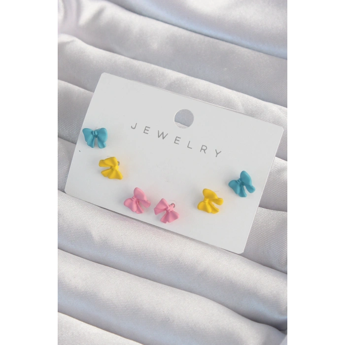 Erb Pirinç Rengarenk Mineli Minimal Fiyonk Küpe Seti