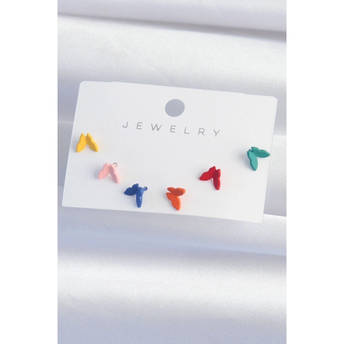 Erb Pirinç Rengarenk Mineli Minimal Kelebek Küpe Seti