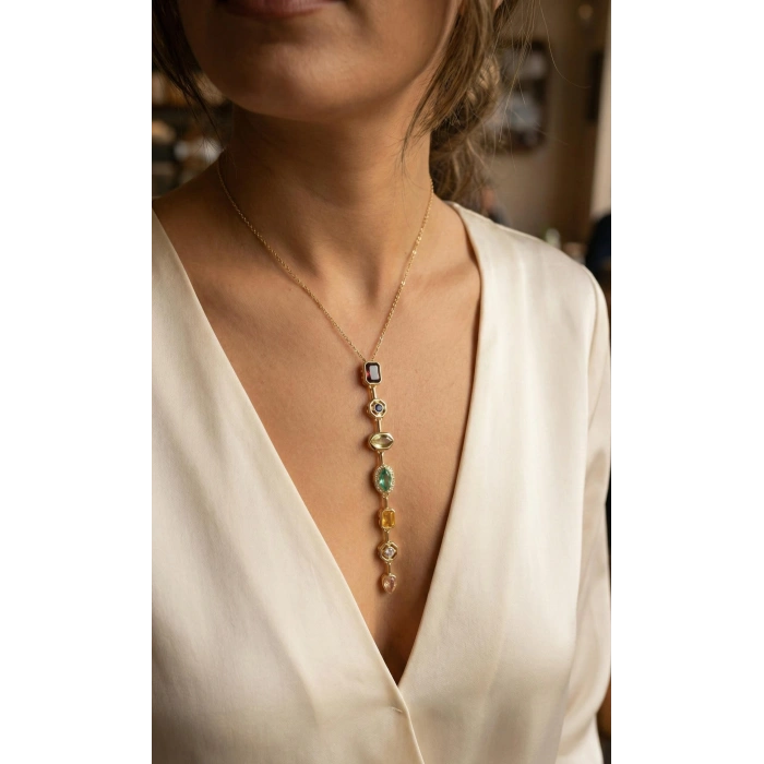 Erb Pirinç Renkli Zirkon Taşlı Model Gold Renk 7 Element Kadın Y Kolye