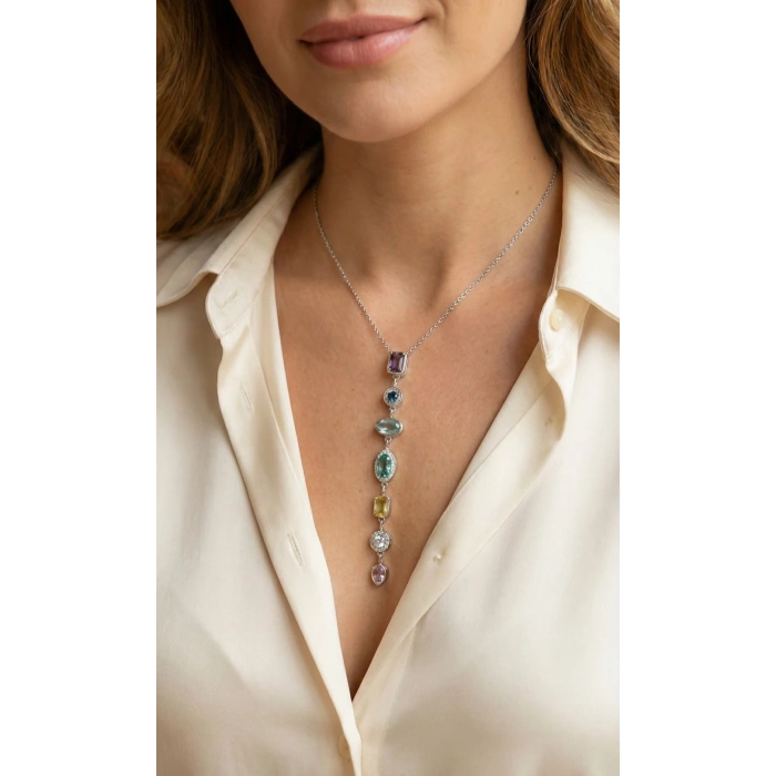 Erb Pirinç Renkli Zirkon Taşlı Model Gümüş Renk 7 Element Kadın Y Kolye