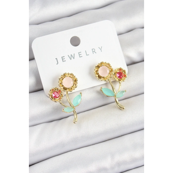 Erb Pirinç Renkli Zirkon Taşlı Papatya Model Gold Renk Kadın Küpe