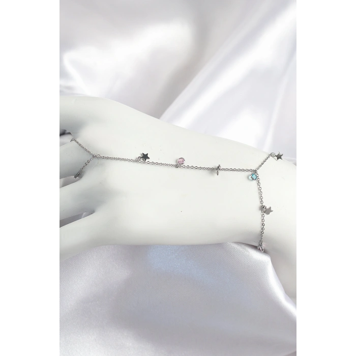 Erb Pirinç Renkli Zirkon Taşlı Sallantılı Yıldızlı Model Gümüş Renk Kadın Şahmeran