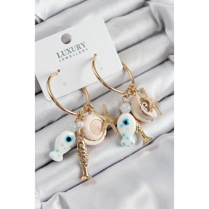 Erb Pirinç Sallantılı Seramik Balık Ve Deniz Kabuğu Model Gold Renk Kadın Küpe